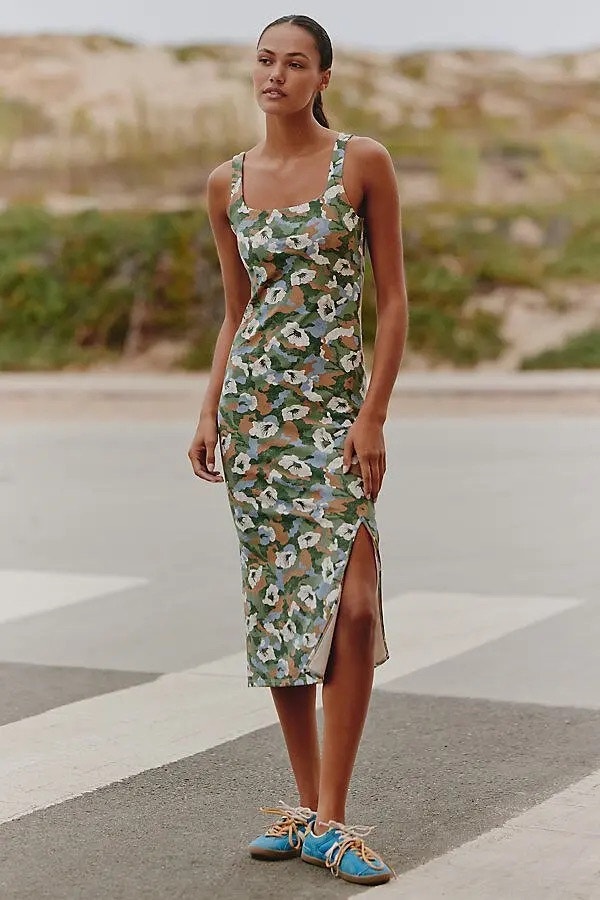 Nwt Daily Practice Anthropologie Womens Xs Square-Neck Midi Dress Floral Bodycon